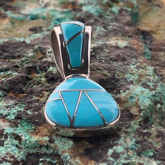 Zuni Inlaid Drop Turquoise Silver Pendant - Picture 5 of 8